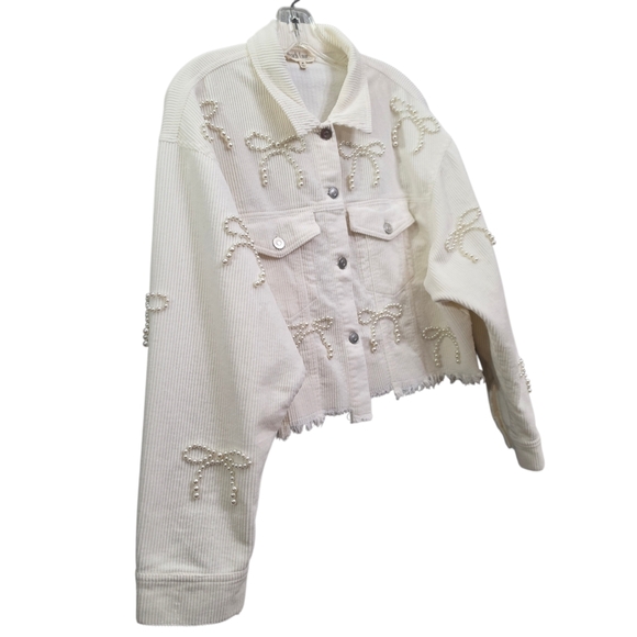 Nwot Peach Love Ivory Cordoroy Pearl Bows Cropped Raw Edge Collared Jacket - Picture 17 of 17